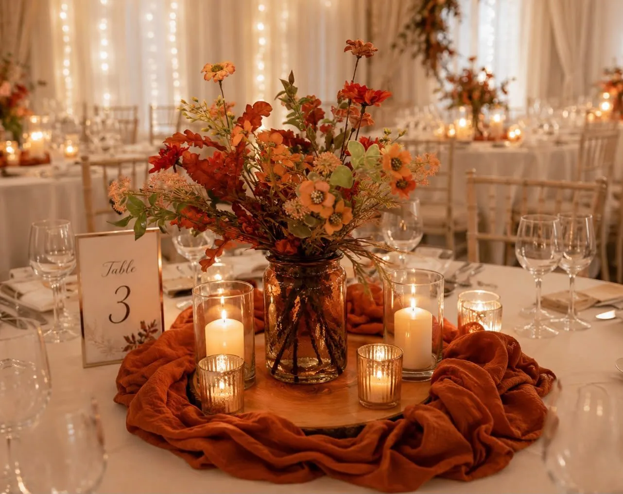 An autumn wedding centrepiece styled by NLK: wildflowers in an amber glass jar, ringed by candles on a rust cheesecloth runner, with fairy lights glowing behind